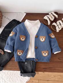 SHEIN Little Byeori 兒童小男孩冬季開襟衫，休閒學院風復古風格，柔軟，適合秋冬，生日派對、晚宴、學校典禮穿著 - 彩色 - 查看 2