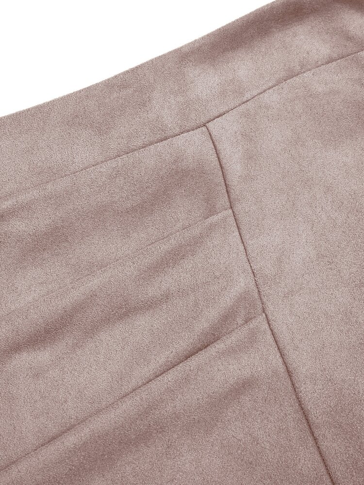 Sweetra Plus Size vintage kjol i mockaliknande tyg för vår/höst med elastisk midja, asymmetrisk fåll och A-linjeformad design - Olive Brown - Visa 3