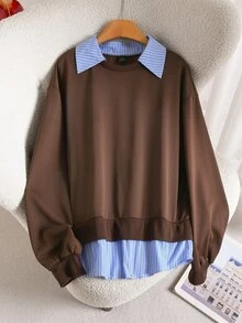 CosyJoli Women's Colorblock Casual Versatile Everyday Long Sleeve Sweatshirt - Brown - View 1