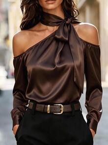Velvienne Plus Size Women's Sexy Asymmetrical Shoulder Long Sleeve Blouse, Early Spring Faux Acetate Wrinkle-Resistant Versatile Chic Top - Brown - View 5