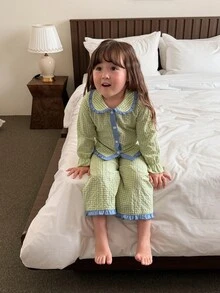 DAZY Infant/Toddler (Girl) Plaid Korean Style Long Sleeve Comfortable 2 Pieces Loungewear Set - Green - View 1