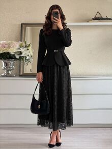 Modelyn 春秋優雅時尚通勤溫柔風 收腰顯瘦蕾絲喇叭裙 遮肉女款兩件套 - 黑色 - 查看 7