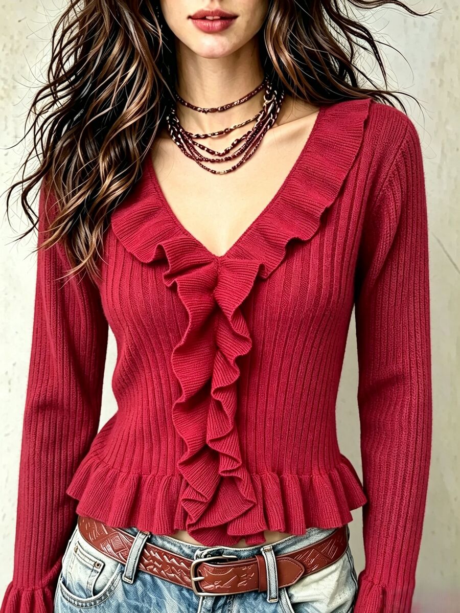 INAWLY Romantic Versatile Date Holiday Travel INS Style Knit Cardigan With Ruffle Pleated Hem - Burgundy - View 1