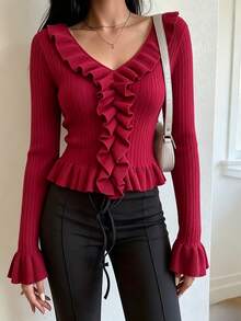 INAWLY Romantic Versatile Date Holiday Travel INS Style Knit Cardigan With Ruffle Pleated Hem - Burgundy - View 5