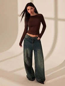 SHEIN PETITE 露背蕾絲拼接女款T恤上衣，性感約會穿搭，適合夏季 - 咖啡棕 - 查看 3