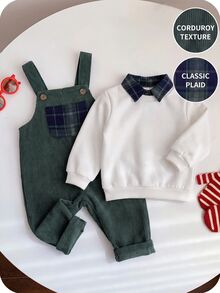 SHEIN 男嬰 2件組 抓絨內裡加厚杏色運動衫針織上衣與綠色燈芯絨格紋吊帶連身褲套裝，舒適百搭時尚日常可愛休閒極簡百搭風，適合秋冬室內、戶外滑雪、日常、運動、玩耍、派對、拍照 - 彩色 - 查看 1