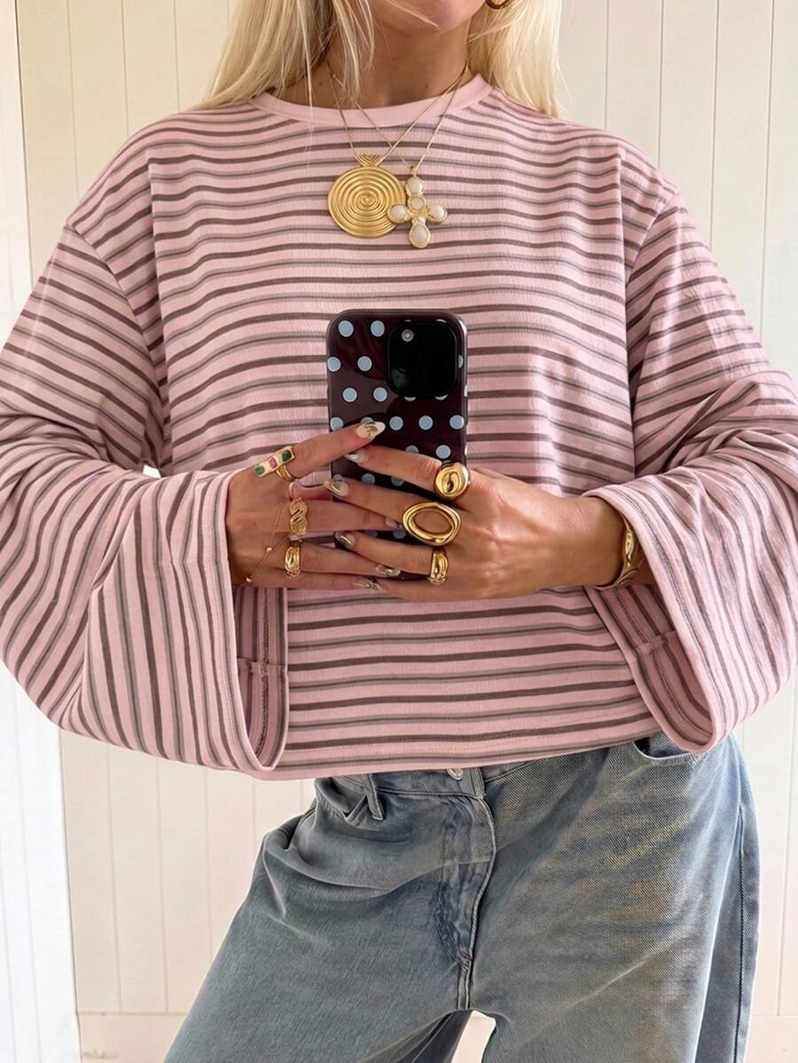 SHEIN EZwear 海外長袖粉色條紋襯衫,秋季上衣,適合日常通勤、派對、秋冬春夏、聖誕節、新年、感恩節、派對、婚禮、海灘、畢業典禮、優雅、外出、約會、通勤、情人節、優雅、度假、Y2K、畢業典禮及其他場合 - 彩色 - 查看 1