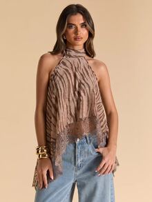 SHEIN BAE Women's Lace Patchwork Casual Versatile Daily Wear Halter Neck Top - Multicolor - View 6