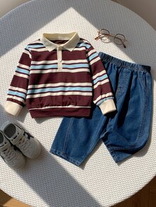 SHEIN 嬰兒男/女童、幼兒 2件組秋冬抓絨加厚休閒可愛條紋 POLO 套裝、衛衣套裝、丹寧牛仔褲、嬰兒冬季套裝、聖誕節 - 咖啡棕 - 查看 1