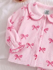 SHEIN 女嬰蝴蝶結圖案長袖單排扣上衣與長褲家居服套裝 秋季 - 粉色 - 查看 6