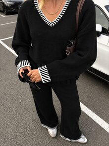 Flora Isola Flora Isola Women's Casual Minimalist V-Neck Loose Knit 2 Pieces Set - Black - View 5