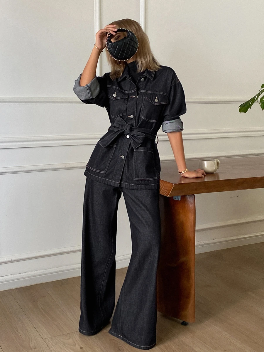 DAZY Women's Knot Waist Long Sleeve Top And Long Pants Casual Daily Denim Set Fall - Dark Wash - View 1