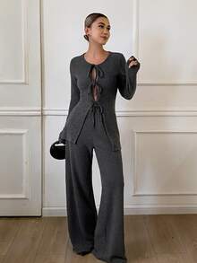 DAZY Women's Korean Style Tie-Up Long Sleeve Top And Pants 2 Pieces Set - Grey - View 3