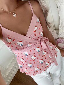 CovetEZ HELLO KITTY AND FRIENDS | SHEIN 女款可愛甜美卡通印花繫腰細肩帶背心，適合外出、街頭穿搭、機場造型 - 彩色 - 查看 4