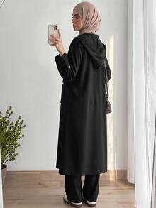 Solavon Women's Solid Color Front Button Hooded Jacket And Pants Arabic Outfit Set - Black - View 2