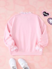 HELLO KITTY AND FRIENDS | SHEIN Tween Girl Contrast Lace Round Neck Long Sleeve Cartoon Print Sweatshirt - Pink - View 2
