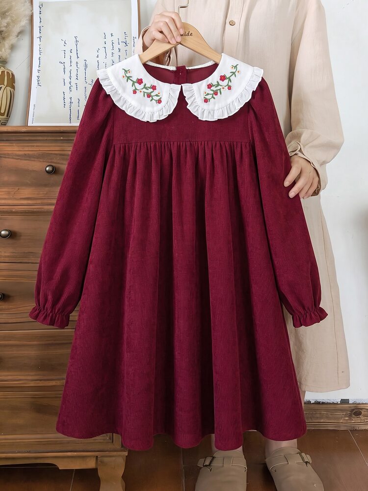 SHEIN Girls' Brown Gentle Style Minimalist Floral Print Long Sleeve Pullover Dress, Loose Fit, Elegant And Graceful, Suitable For Outings, Shopping, Casual Leisure, Campus Activities And Parties, Spring/Autumn - Burgundy - View 4