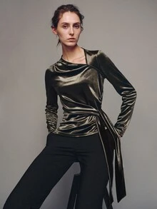 MOTF PREMIUM Combined Structure Strappy Long Sleeve Velvet Top, Autumn/Winter - Coffee Brown - View 7