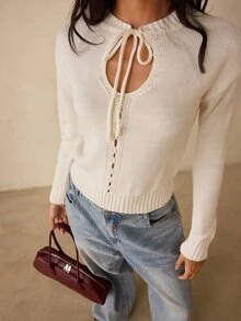 SHEIN Glamour كنزة نسائية بلون موحد كاجوال متعددة الاستخدامات يومية بأكمام طويلة - أبيض - مشاهدة 7