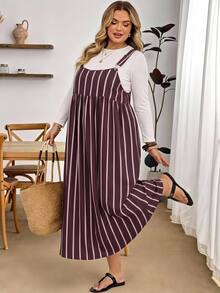SHEIN CURVE+ 大尺碼女款條紋百褶休閒日常夏季細肩帶洋裝 - 彩色 - 查看 4