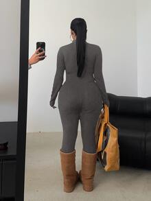 POPSWAY Plus Size Black Long Sleeve Long Jumpsuit With Front Zipper, Cinched Waist, Slim Fit, Minimalist, Solid Color, Versatile Everyday Wear - Grey - View 2