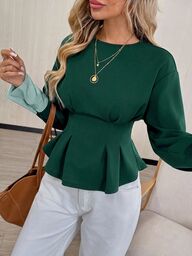 Easowa Elegant Casual Women's Navy Blue And White Top Blouse, Round Neck Cuff Waist Pleated Hem Long Sleeve For Work Office Autumn Business Teachers' Day