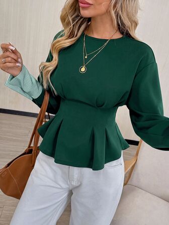 Easowa Elegant Casual Women's Dark Green Top Blouse, Round Neck Cuff Waist Pleated Hem Long Sleeve For Work Office Fall Business Teachers' Day