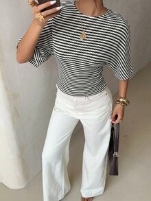 Aloruh 女款條紋蝙蝠袖休閒圓領T恤，夏季上衣 - 軍綠色 - 查看 4