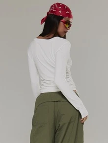 Musera Sport V Neck Ruched Tie Edges Long Sleeve Top Active Outdoors Workout Gym Terra Peak - White - View 5