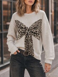 Elafinee Women's Casual Crew Neck Drop Shoulder Loose Long Sleeve Leopard Print Big Bow Ribbon Decor Ribbed Hem Pullover Sweater - Multicolor - View 4