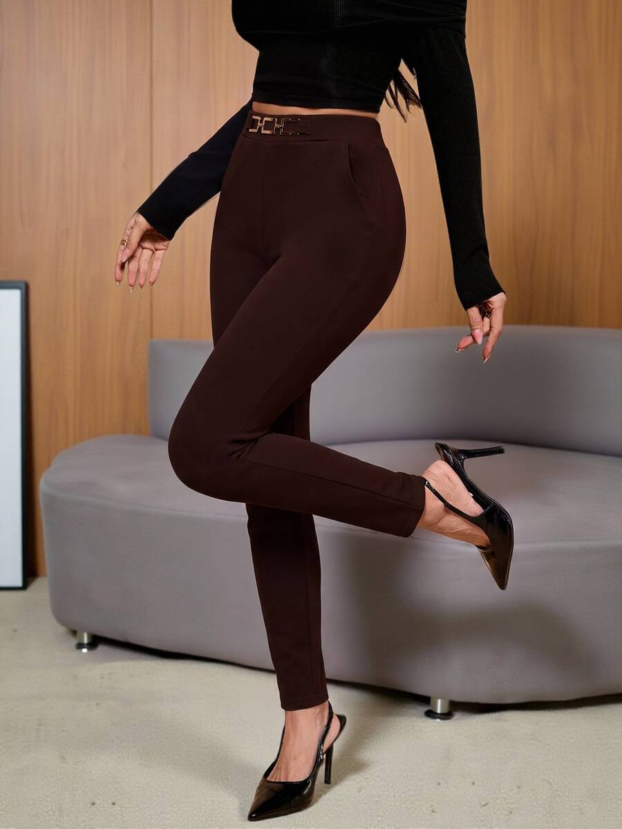 SHEIN PETITE 女款高腰金屬扣飾緊身長褲 - 棕色 - 查看 1