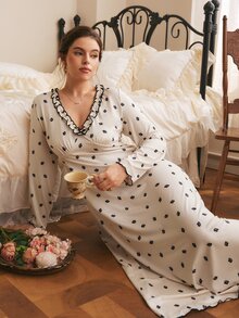 Côtesoire Plus Size Women's French Romantic Ditsy Floral Long Sleeve A-Line Maxi Nightgown - Apricot - View 5
