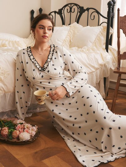 Côtesoire Camisón Maxi de Manga Larga con Estampado Floral Romántico Francés de Talla Grande para Mujer