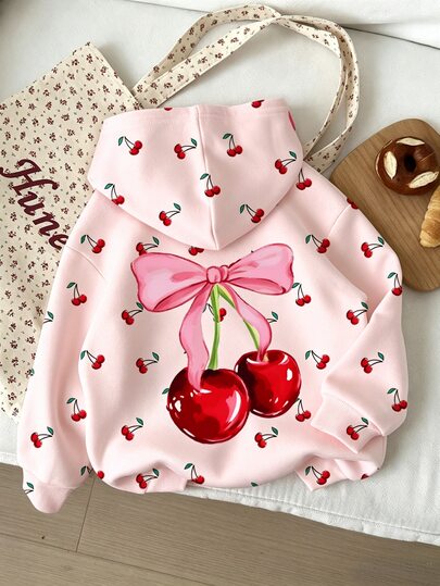 Tween Girl Casual Minimalist Sweet Cute Bow & Cherry Plus Mini Cherry Polka Dot Print Loose Round Neck Comfortable Long Sleeve Sweatshirt, Suitable For Autumn/Winter, Sweatshirt, Hoodies, Tween Girl Clothes, Hoodies For Girls