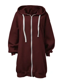 INAWLY Plus Size Front Zip Batwing Sleeve Sweatshirt Winter - Burgundy - View 3