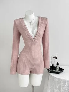 Elamini Spring/Autumn Sweet Cute Sexy Pink Textured Lace Patchwork Deep V-Neck Fitted Jumpsuit - Pink - View 5