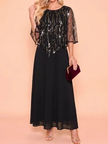 Amorya Women's Mesh Patchwork Casual Party Long Dress - Black - View 8