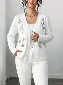 Elenzga Plus Size Women's Sequin Casual Versatile Daily Outing Cardigan - White - View 1