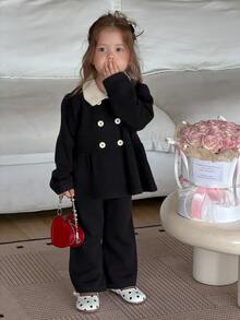 DAZY Infant (Girl) Contrast Color Lapel Long Sleeve Autumn/Winter Sweater Set - Black - View 3