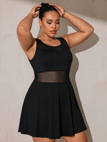 SHEIN Velisys Plus Size Athletic One-Piece Dress With Mesh Patchwork, Removable Padded Cups, Sexy Mesh Racerback, Wavy Hemline, Built-In Leggings, Yoga Tennis Style - Black - View 2