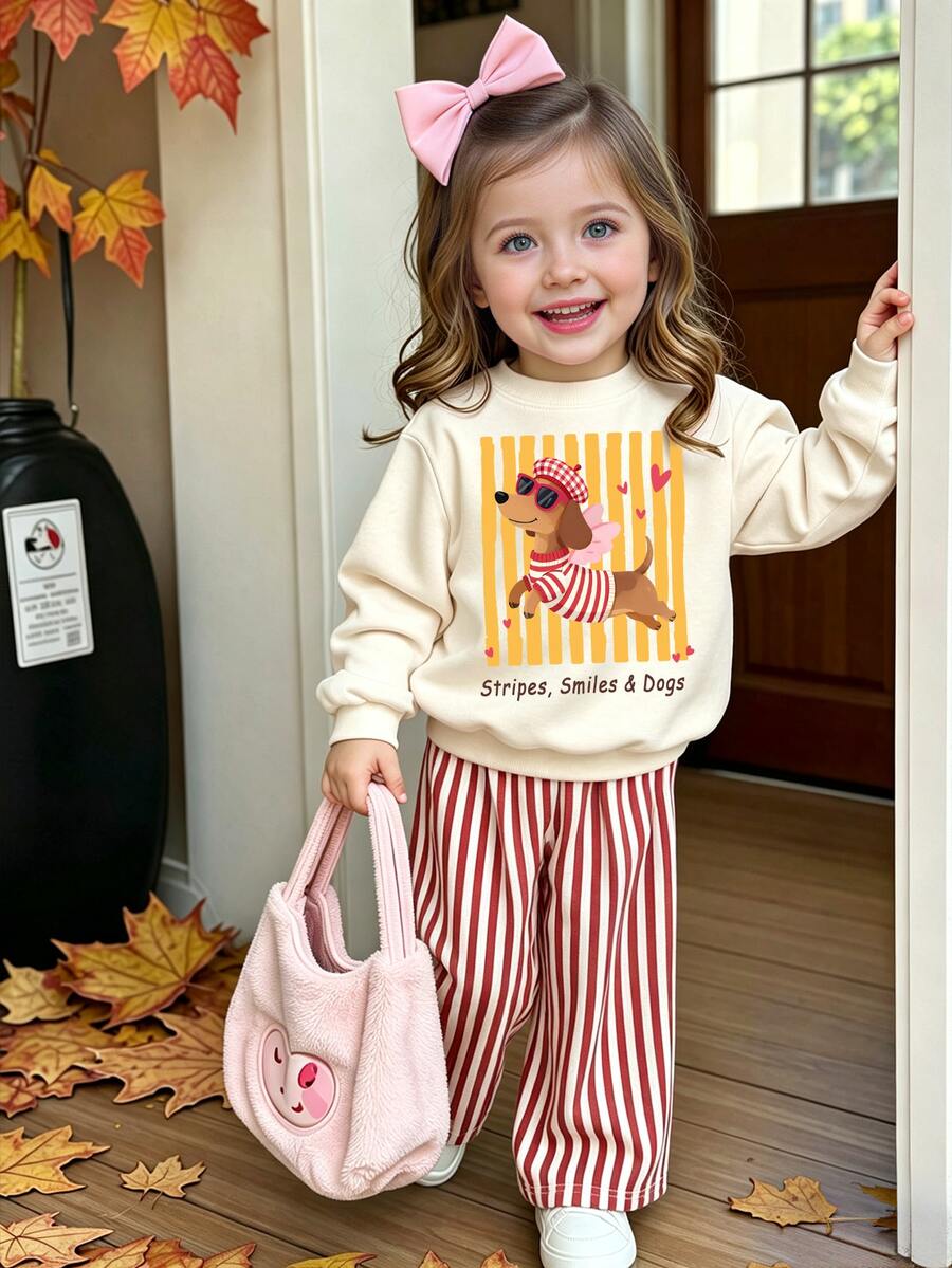 Baby Girls Green Stripe Thermal Lined Sweatshirt Set, Round Neck Loose Ribbed Casual Cute Graphic Pants, 2 Pieces School Family - Multicolor - View 1