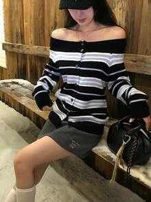 DAZY Women's Striped Off-The-Shoulder Loose Sweater - Black - View 6