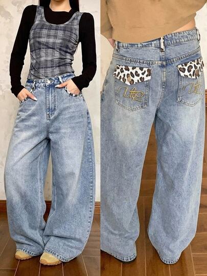 DAZY Herbst Damen-Jeans im koreanischen Stil mit Leopardenmuster, Allover-Kontrast-Patchwork, besticktem Buchstabenmuster, lässig für Streetwear und Outdoor, mit geradem Bein