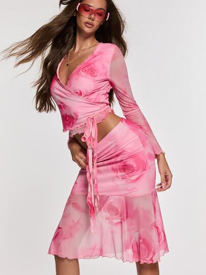 Opulessa Set casual de 2 piese pentru femei, top cu mânecă lungă și fustă cu imprimeu floral, elegant, de lux, sexy, pentru vacanță, ocazii formale, toamnă/iarnă, Halloween, festival, petrecere și zi de naștere