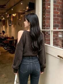 INAWLY Autumn Sweet Fluffy Cold Shoulder Round Neck Sweater - Coffee Brown - View 2