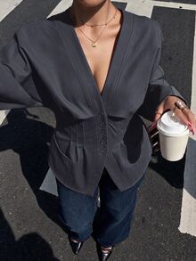 Muchica 秋冬深灰色收腰休閒優雅女款夾克，適合同事辦公、晚宴、正式派對，提供標準碼與大尺碼 - 深灰色 - 查看 4