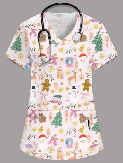 PopScrub Christmas V-Neck Short Sleeve Double Pocket Cute Christmas Tree, Santa Claus, Reindeer King, Christmas Cookie Man Cartoon Print Design Printed Nurse, Lab, Doctor Work Uniform, Multi-Pocket Functional Holiday Outfit, Christmas Women's Top, Christmas Party, Christmas Decoration, Cute, Merry Christmas