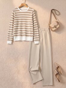 Miaspire Middle-Aged Women Striped Crew Neck Long Sleeve Top And Pants Casual Set - Apricot - View 3
