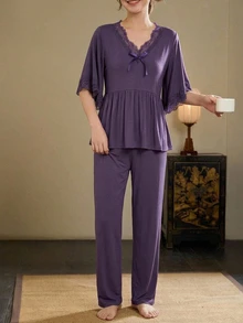 DAZY 2pcs/Set Women's Lace Patchwork V-Neck 5-Sleeve Loose T-Shirt & Straight Leg Long Pajama Pants Sleepwear Set - Purple - View 4