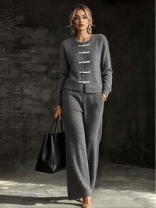 LUMIGAL Women's 2 Pieces Set: Round Neck New Chinese Style White Cardigan With Frog Buttons, Long Sleeves, Ribbed Cuffs, Vertical Ribbed Knit, And High-Waist Elastic Wide-Leg Pants - Grey - View 5